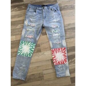 Waimea Graffiti Denim Patchwork Distressed Skinny Jeans 38-31* Street wear Hippy
